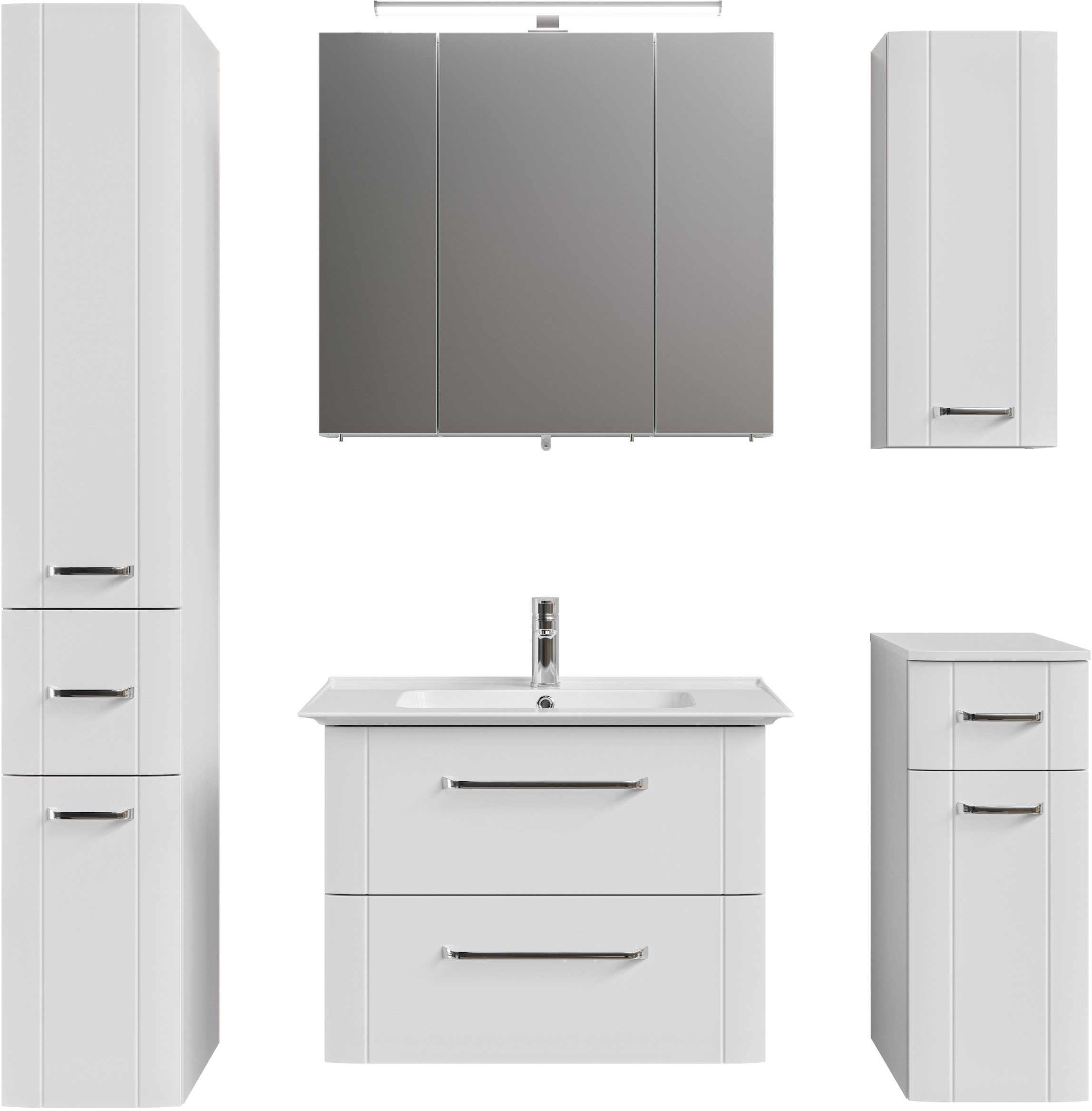 Badmöbel-Set SAPHIR "Badmöbel-Set 5-teilig Keramik-Waschtisch mit LED-Spiegelschrank", weiß, B:80cm H:57,4cm T:46,8cm, Spanplatte, Kastenmöbel-Sets, Badmöbel-Set, Badezimmer-Set mit Unterschrank, Hängeschrank, Hochschrank