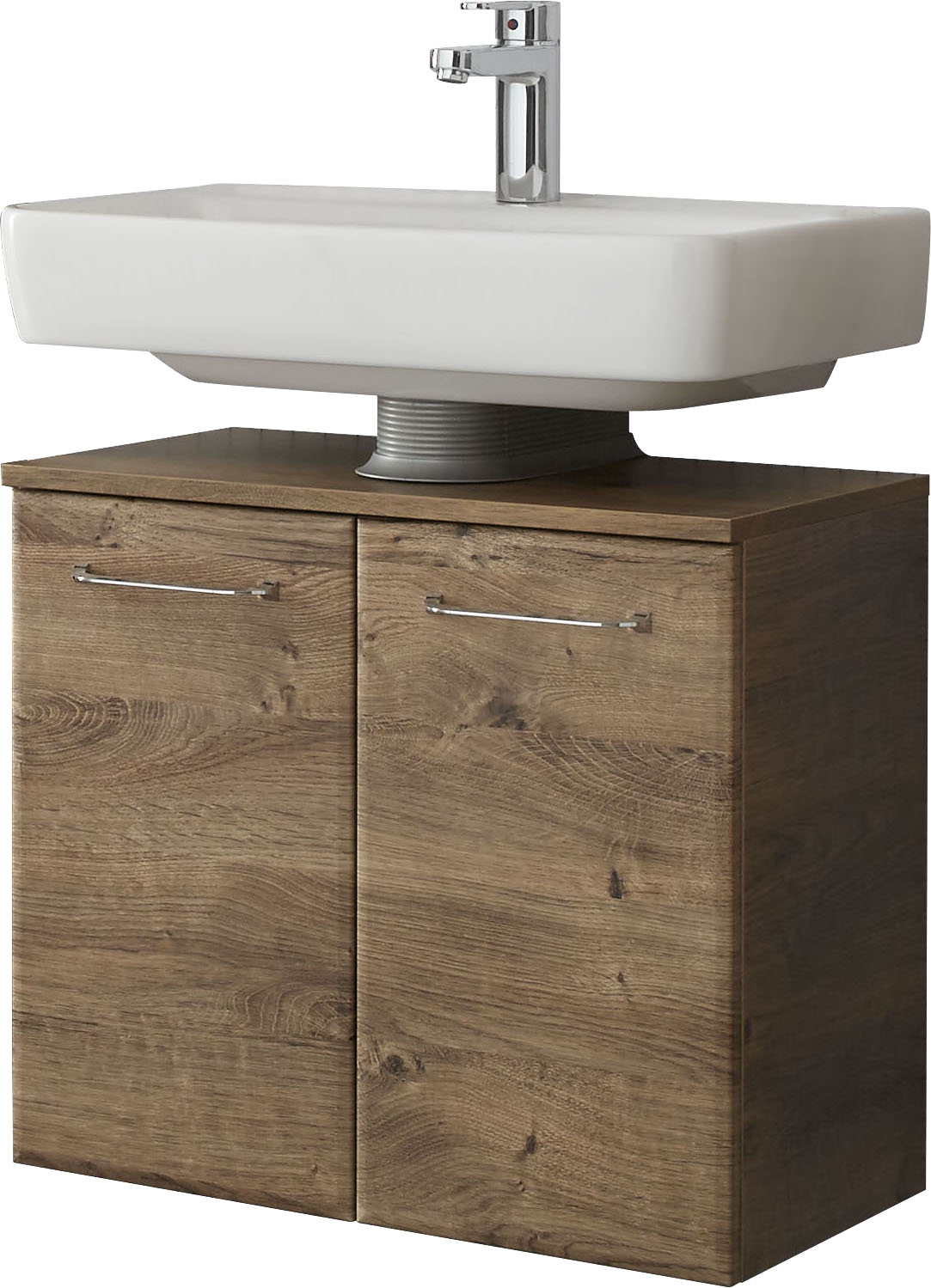 Waschbeckenunterschrank SAPHIR "Quickset Unterbeckenschrank, 60 cm breit, 2 Türen, ohne Waschbecken", braun (eiche ribbeck, eiche ribbeck), B:60cm H:53cm T:33cm, Spanplatte, Schränke, Waschbeckenschrank inkl. Türdämpfer, Griffe in Chrom Glanz Image