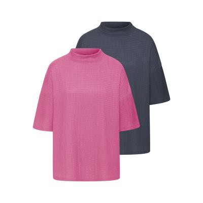 Kurzarmshirt LASCANA "mit Stehkragen", Damen, Gr. 32/34, pink (pink, navy), Cru00eape, Obermaterial: 97% Polyester, 3% Elasthan, modisch, lässig geschnitten, Halbarm, Shirts, aus bügelfreier Crêpe-Qualität Image