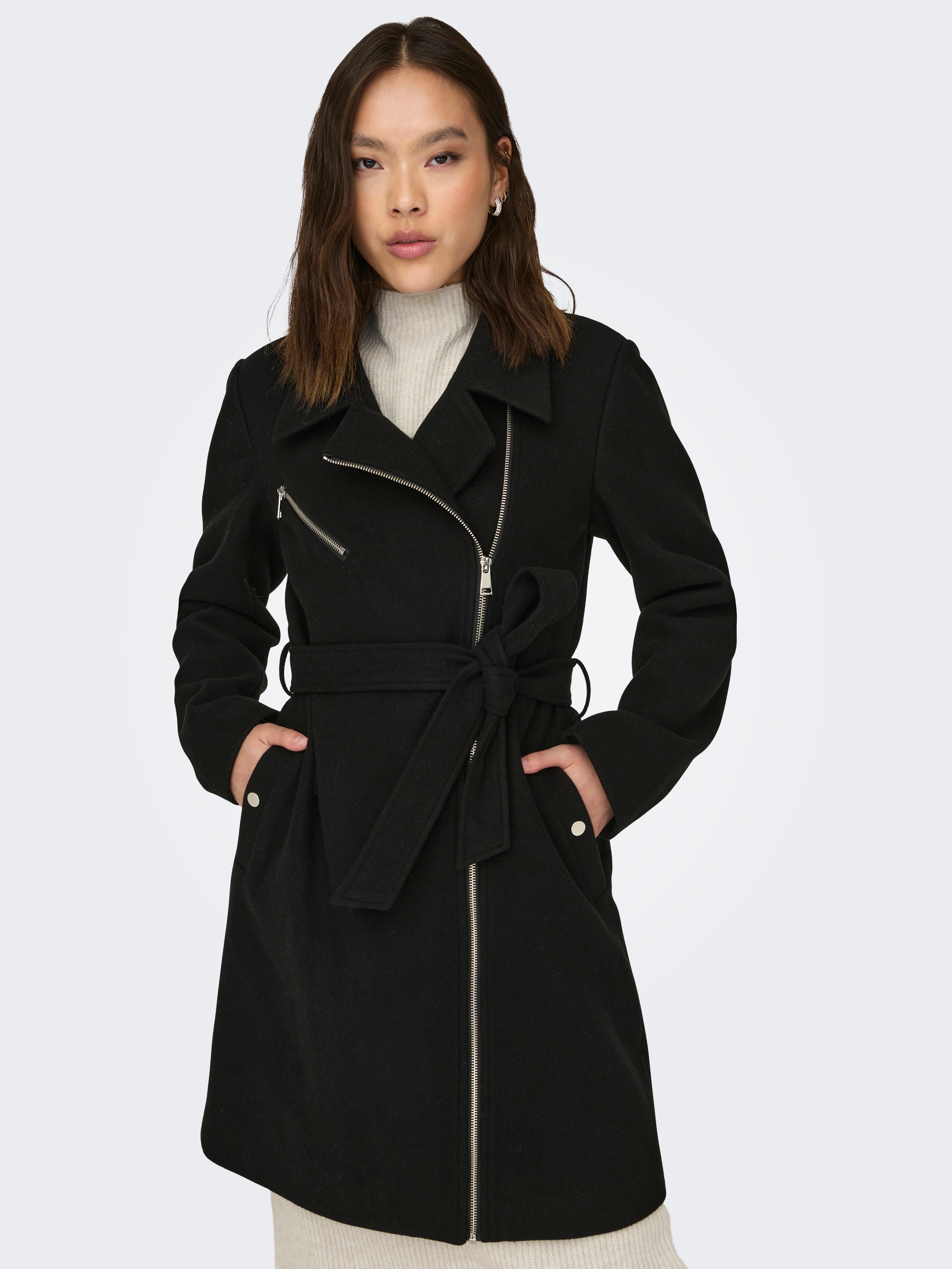 Kurzmantel ONLY "ONLEMILY ZIP BIKER COAT OTW", Damen, Gr. XS, schwarz detail:solid, Web, Obermaterial: 100% Polyester, unifarben, regular fit kniefrei, V-Ausschnitt, Mäntel Image