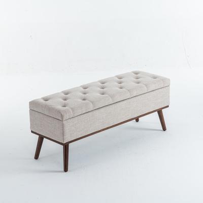 Linen Storage Ottoman Bench with Wood Legs, Upholstered Entryway Bench Tufted Mid Century Modern Ottoman Bedroom End of Bed