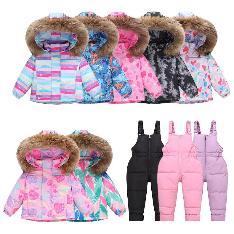 OLEKID 2025 enfants hiver 2 pièces ensemble de vêtements vraie fourrure à capuche bébé doudoune enfant en bas âge combinaison 1-5 ans enfants survêtement costume