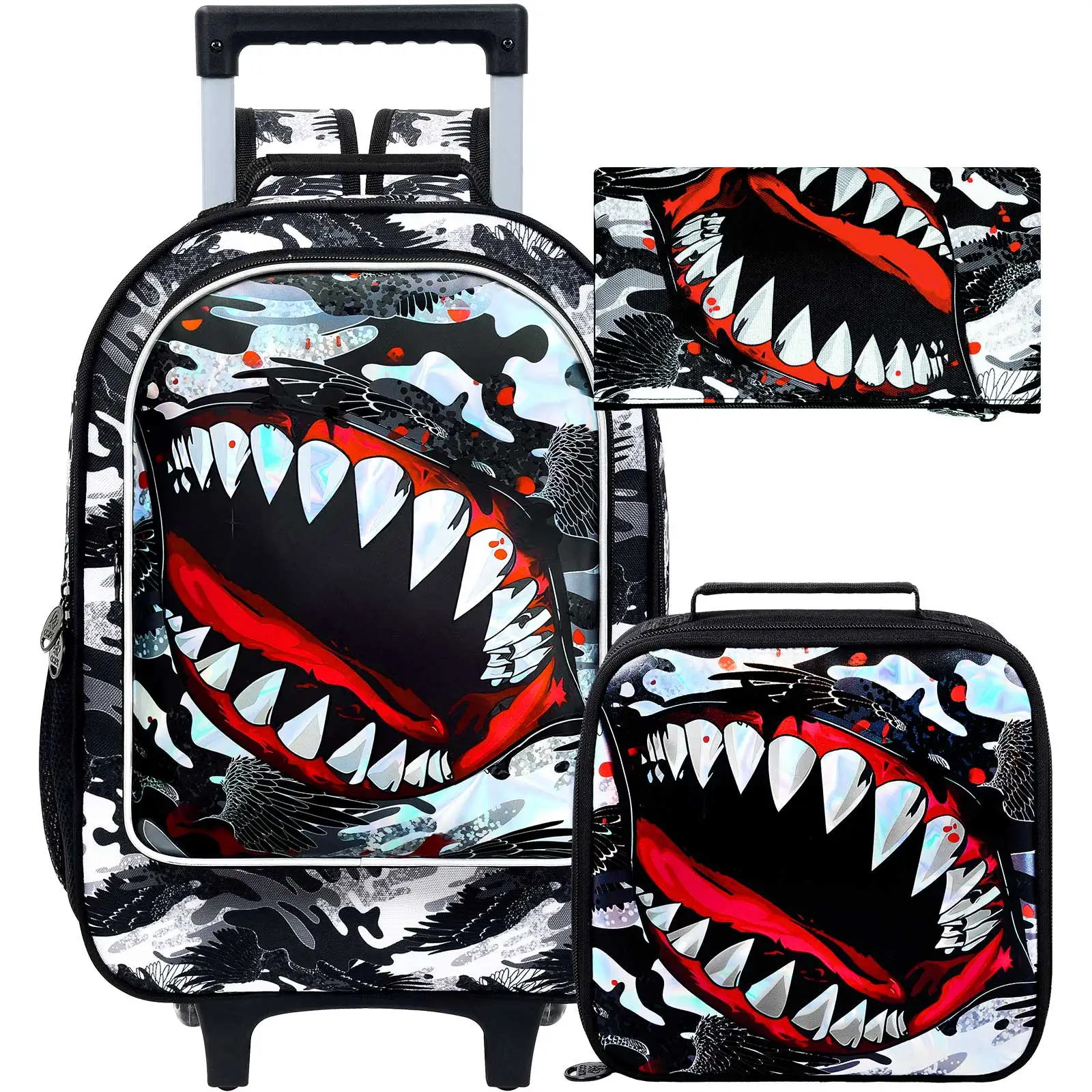 Sac à dos roulant requin 3 pièces pour garçons, sac à dos d'école à roulettes avec roulettes, sac à livres à roulettes pour enfants pour école primaire maternelle