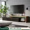 Lazyspace Meuble TV moderne avec 3 armoires pour effet bois, étagères en verre, éclairage LED, meubles de salon