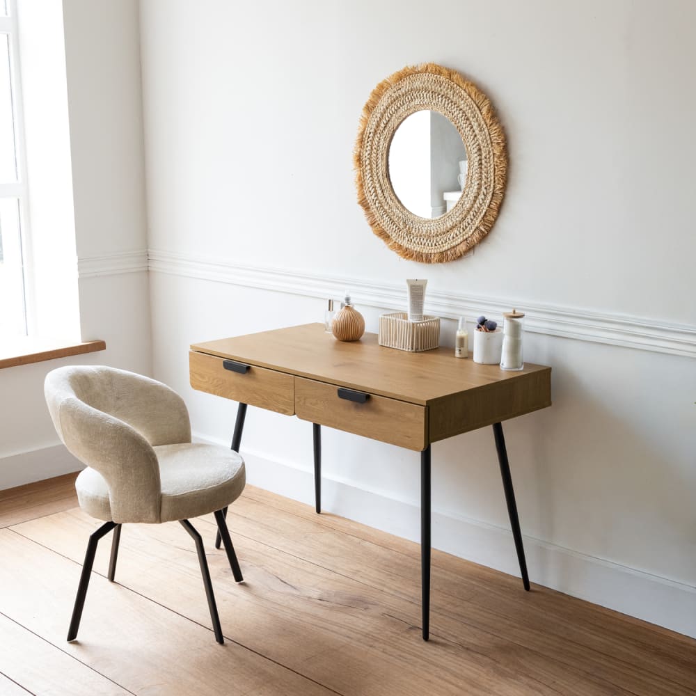 Bureau en bois et pieds en métal avec 2 tiroirs