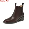 Krazing Pot Große Größe 34-43 Rindsleder Runde Zehen High Heels Retro Moderne Chelsea Stiefel Warme Winterschuhe Motorräder Stiefeletten