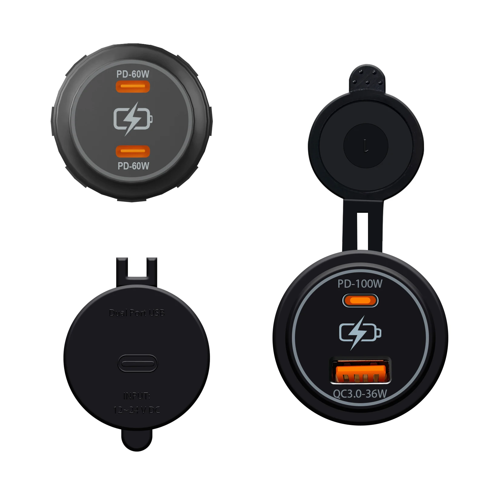100 W/60 W Dual-USB-Autoladegerät-Buchse PD QC3.0 36 W Schnellladung Typ C & USB A-Anschlüsse 12 V/24 V wasserdichtes Netzteil für Auto-Wohnmobil Image