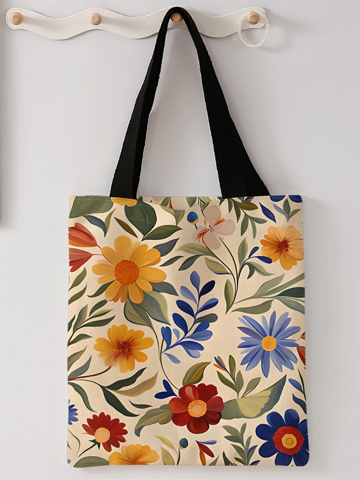 Lässige Handtasche mit Blumenmuster bedruckt, wiederverwendbarer modischer Rucksack, multifunktionale Handtasche, Einkaufstasche aus Segeltuch Image