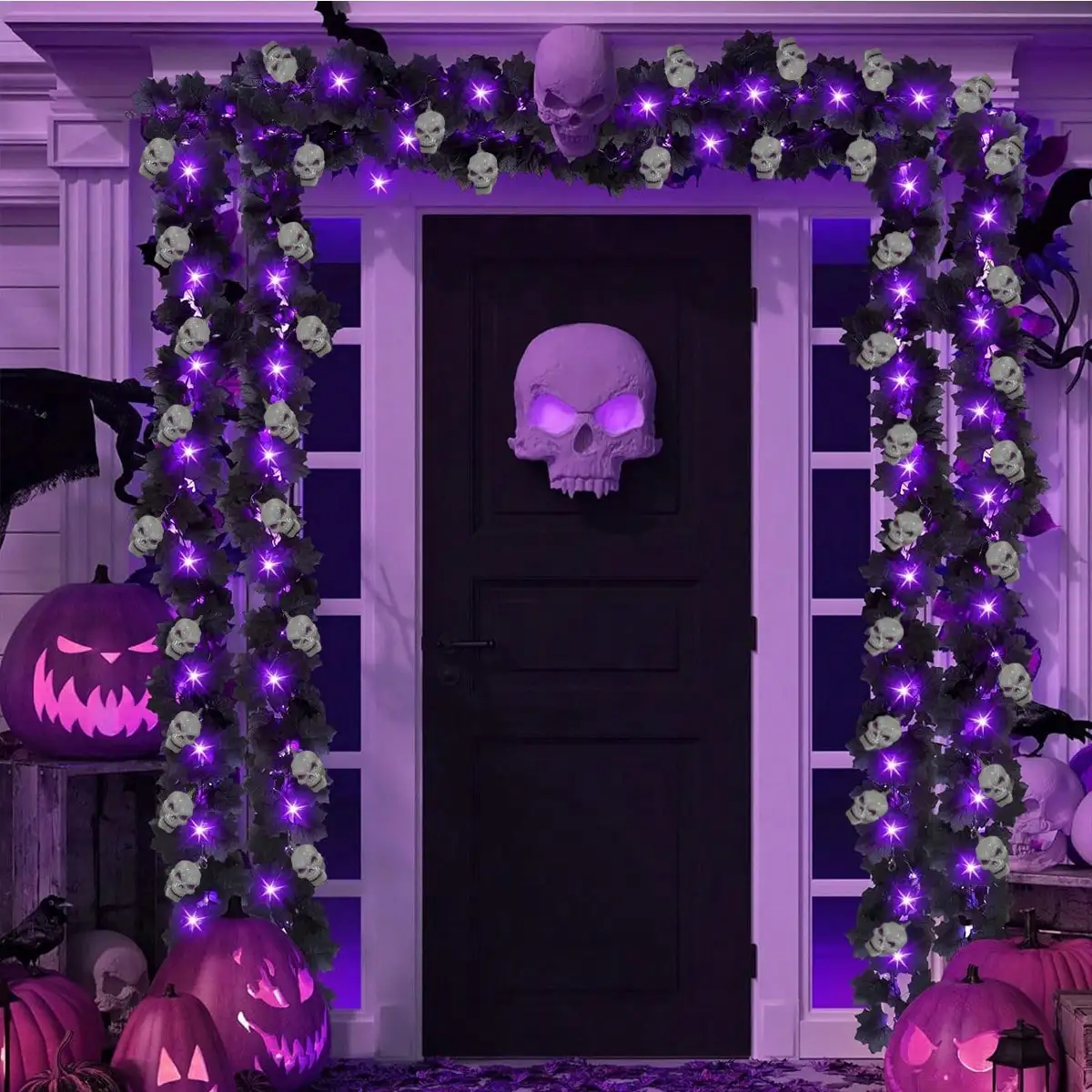 1 Stück 20 LED Halloween schreckliche Atmosphäre Herbst schwarzer Ahorn Lassen Weinreben Licht mit 6 Totenköpfen batteriebetrieben hängend DIY dekorativ Image