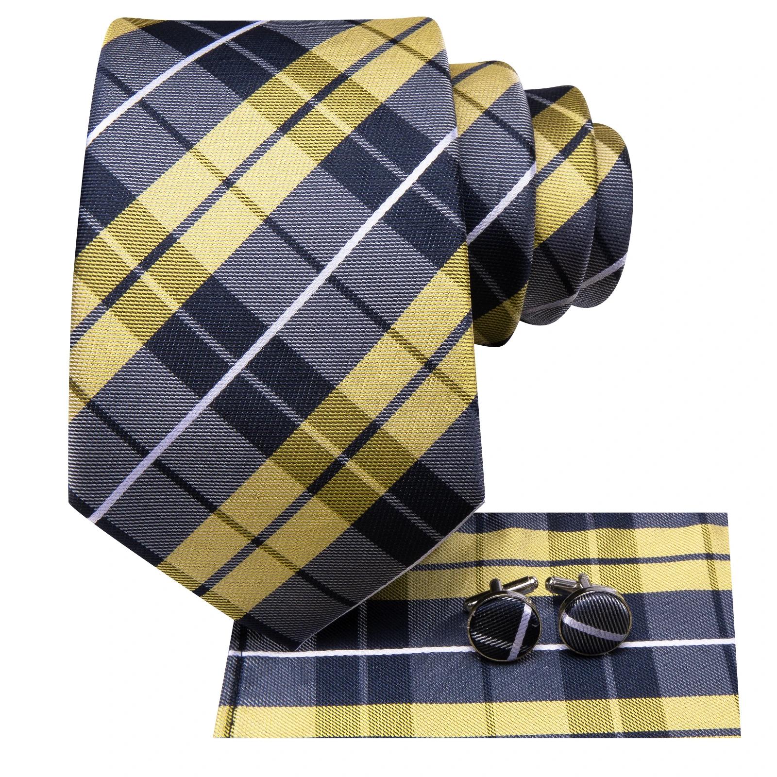 Hi-Tie Zitronengelb Grau Karos Krawatte für Männer Elegante Krawatte Einstecktuch Manschettenknopf Bräutigam Hochzeitsaccessoire Großhandel