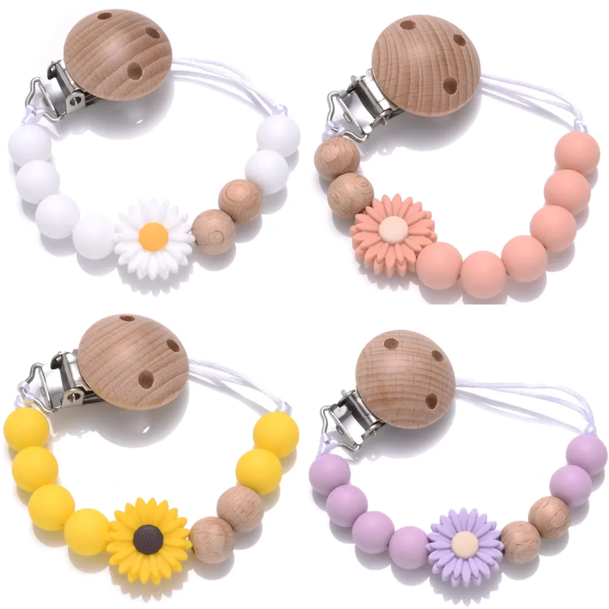 Schnullerclip aus Holz mit Gänseblümchenmotiv – süßes und praktisches, beliebtes Design für Babys Image