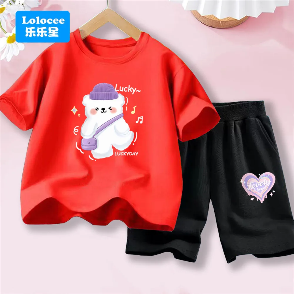 Sommer-Sportset für Kinder, T-Shirt mit Lucky Bear-Print + Herz-Shorts, modisches Outfit für Kinder Image