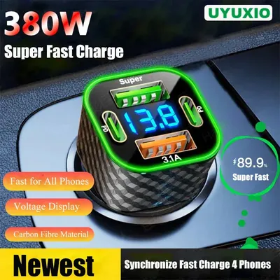4-in-1-USB-C-Autoladegerät mit Spannungsanzeige, 2 USB A 2 PD Super Super-Schnellladeadapter für Samsung iPhone Android Phone