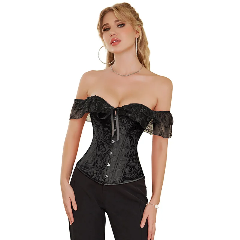 Damen Korsett Spitze Kurzarm Weiß Korsetts Top Gothic Vintage Schwarz Bustier Sexy Dessous Viktorianisch Elegant Rosa Mieder