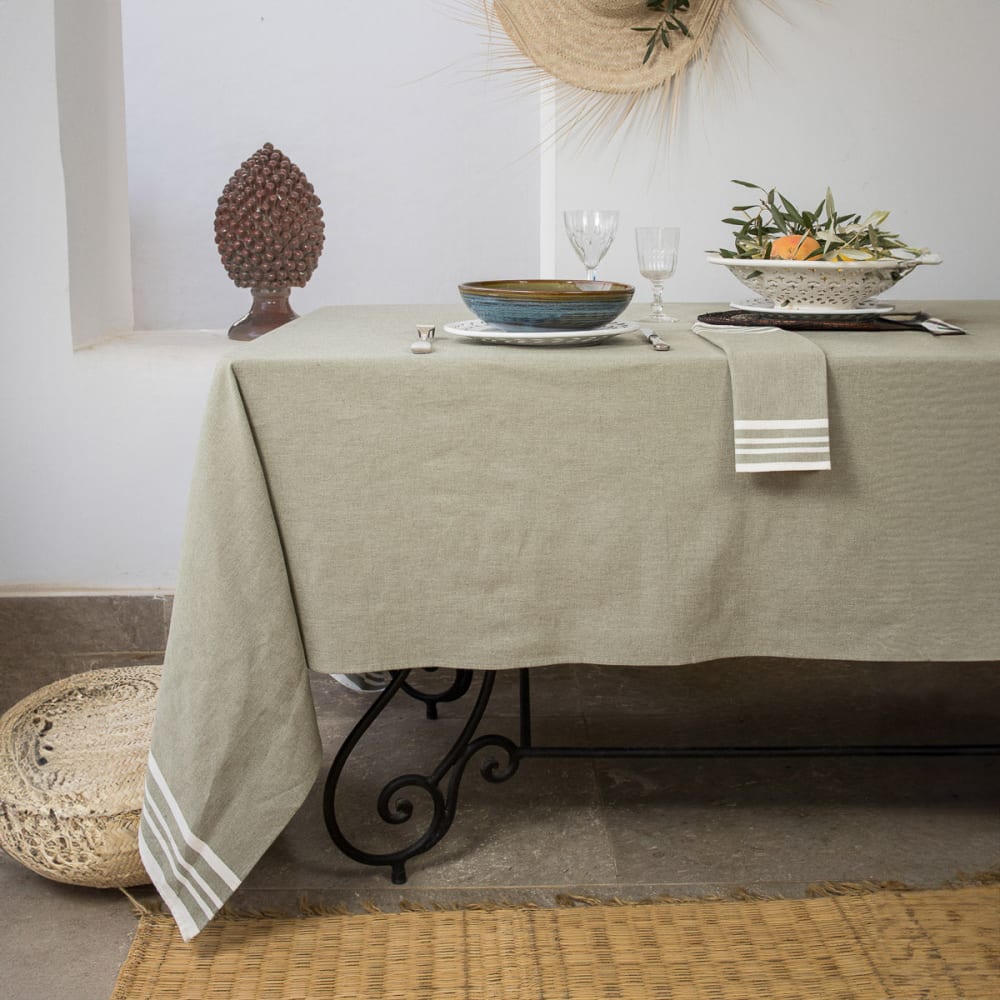Nappe + 10 serviettes coton vert olive 180x400