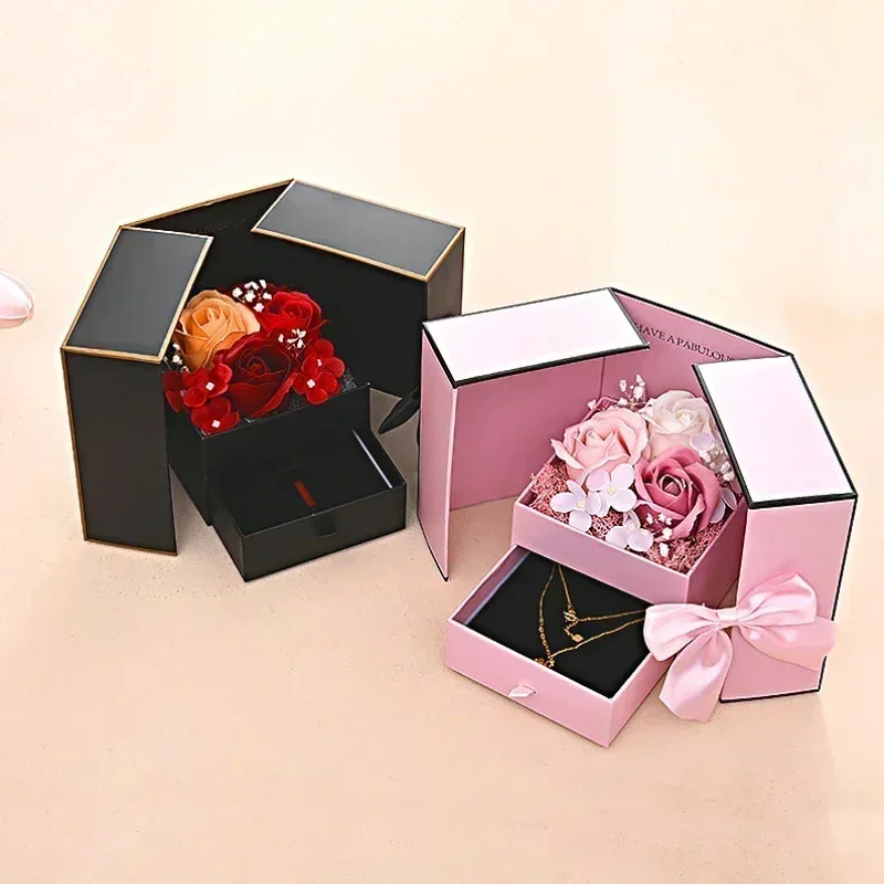 Ewige Rosen-Geschenkbox mit Schmuckschublade – Doppeltüriges Geschenk zum Hochzeit, Valentinstag, Seifenblumen-Halskettenverpackung Image
