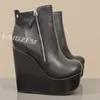 ZHIMA Damen-Stiefeletten mit Reißverschluss, Plateau-Keile, Kunstleder, runde Zehen, Erhöhung der Höhe, Damenschuhe, große Größe 41, 43, 45, 47