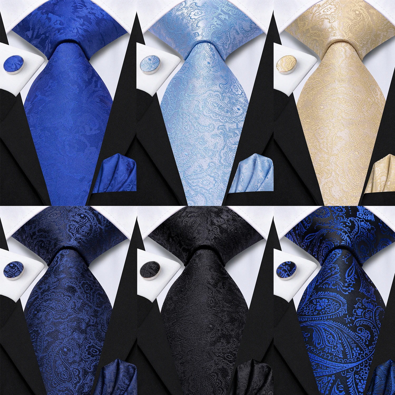 Hi-Tie Blau Marineblau Blumen Paisley Krawatte für Männer Bräutigam Hochzeit Krawatte Einstecktuch Manschettenknopf Accessoire Großhandel Designer Image