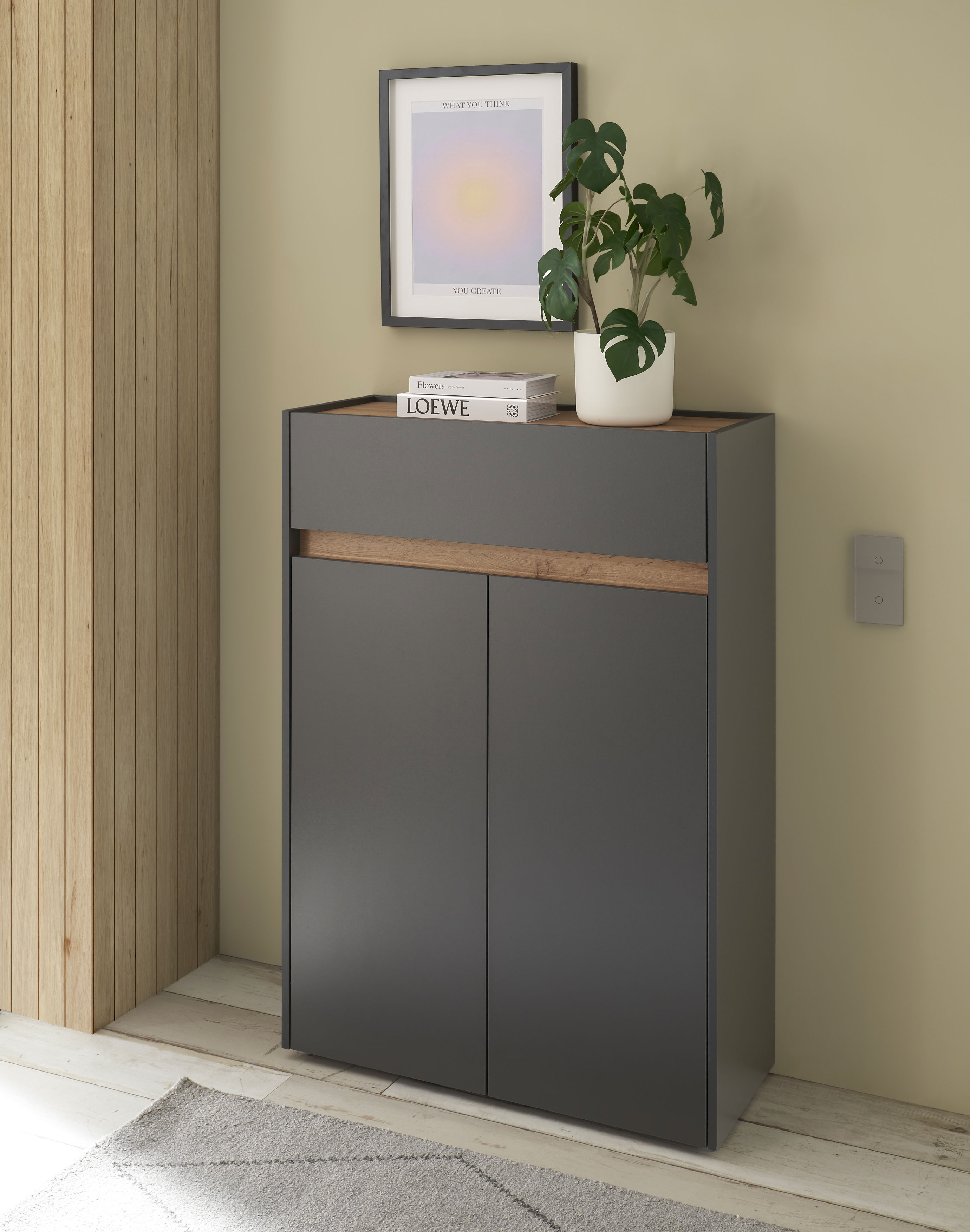 Schuhschrank INOSIGN "City/Giron, modernes Schuhregal, Schrank für 16 Schuhe, Schuhkommode", anthrazit, B:85cm H:122cm T:35cm, FSC-zertifizierter Holzwerkstoff, Schränke, Schuhschrank, eine Schublade und vier Schuhfächer, viel Stauraum, 93 cm breit