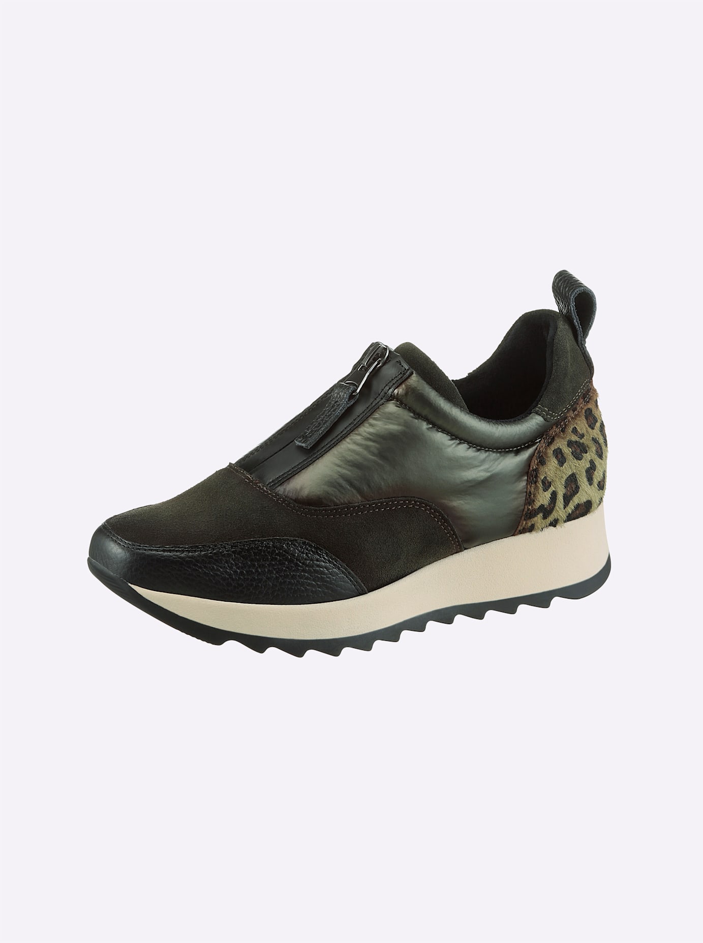 Sneaker HEINE, Damen, Gr. 38, grün (khaki, oliv, gemustert), Glattleder, Leder, Rindsleder, Synthetik, Schuhe