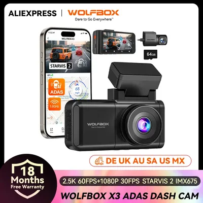 WOLFBOX X3 2.5K 60FPS Dash Cam, STARVIS 2 IMX675 with ADAS Dash Camera, Built-in 5.8GHz WiFi & GPS, Touch Screen