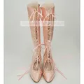 Stivali alti al ginocchio con cinturino Donna Dolce raso rosa con lacci Punta a punta Bowknot Scarpe con tacco alto Stivali stile Lolita femminile