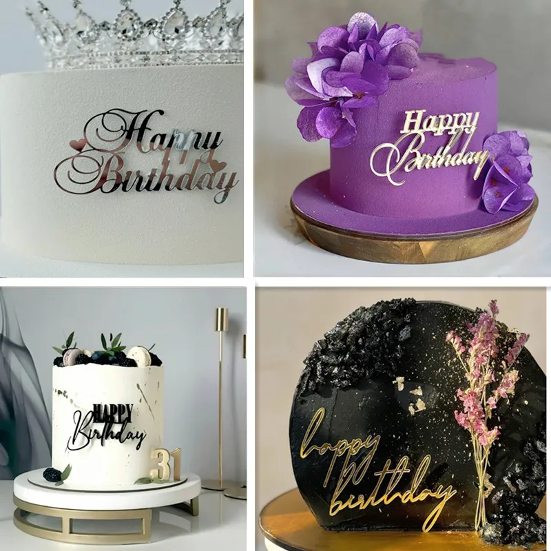 Topper per torta di buon compleanno in acrilico laterale Nuovo oro argento Toppers per torta per feste per bambini Decorazioni per dessert Forniture per dolci per baby shower