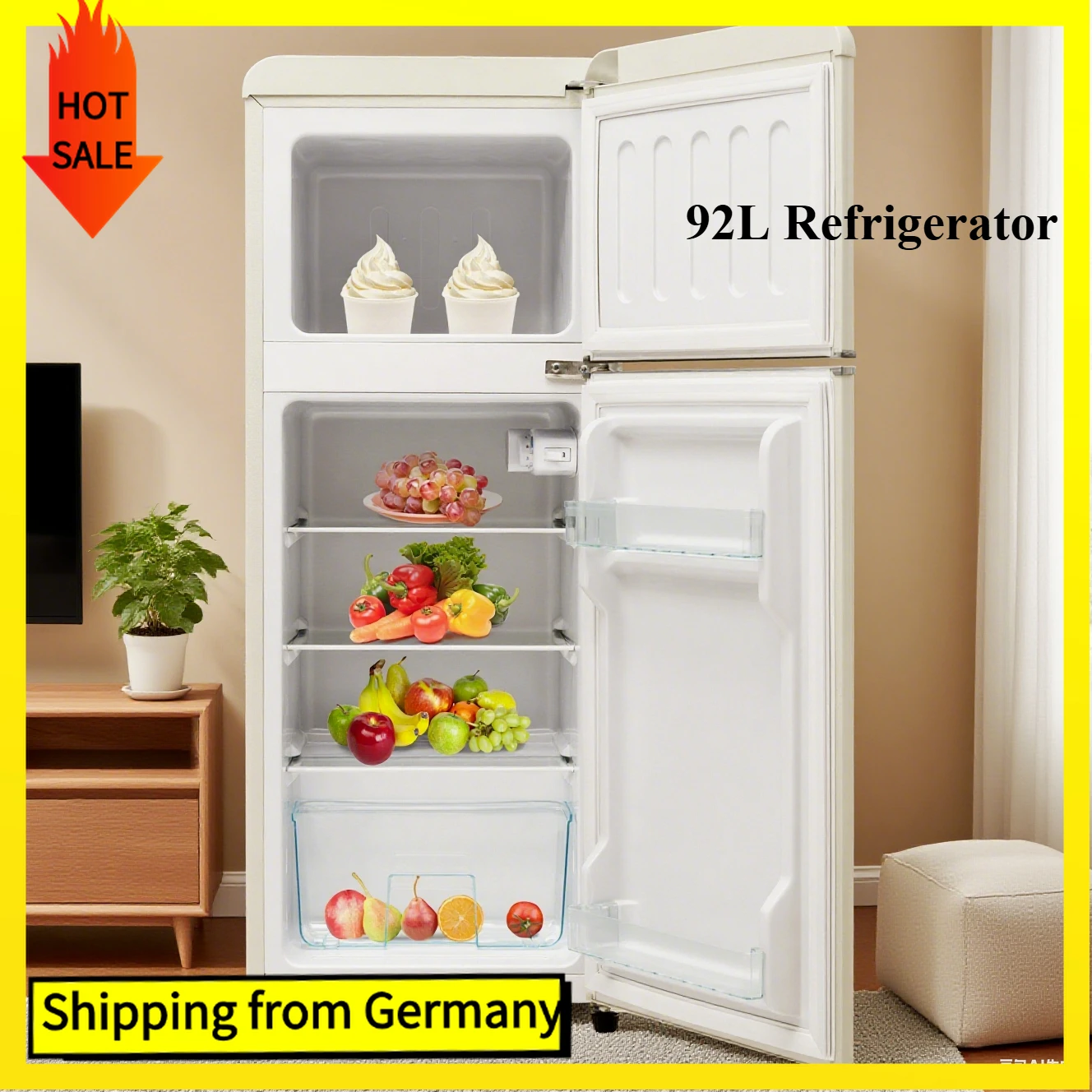 Comanlai 92L Kühlschrank, Kühlschrank-Gefrierschrank-Kombination, mit zweitürigen und LED-Leuchten, 28 Liter Gefrierschrank-Kapazität, [Energieklasse D]