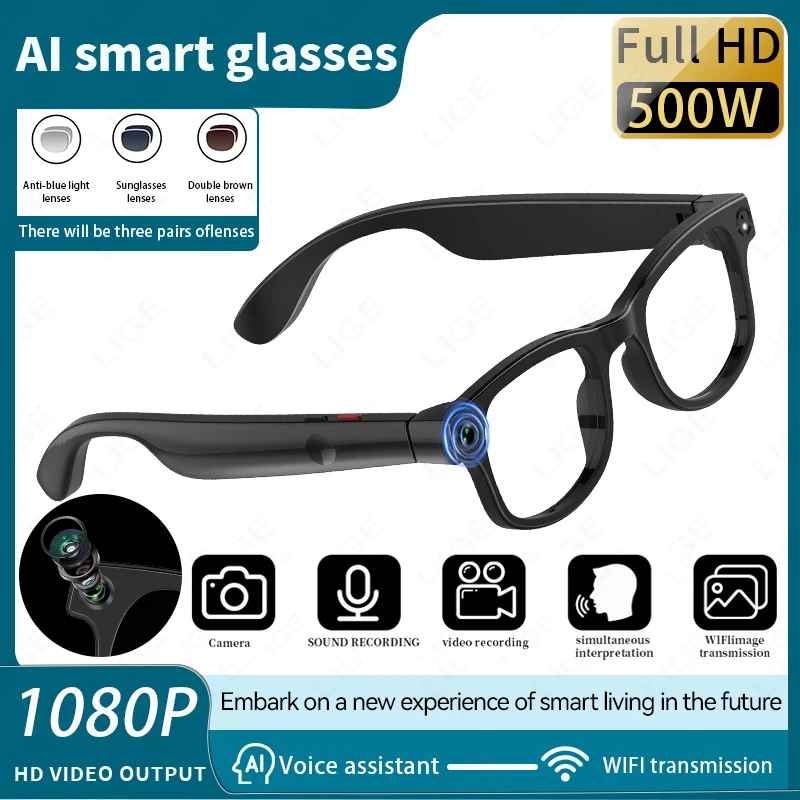 LIGE Smart AI Brille 500W Pixel Kamera Brille Bluetooth Micro Kamera Fotografie Video Recorder Musik Anruf 270mAh Sonnenbrille Image