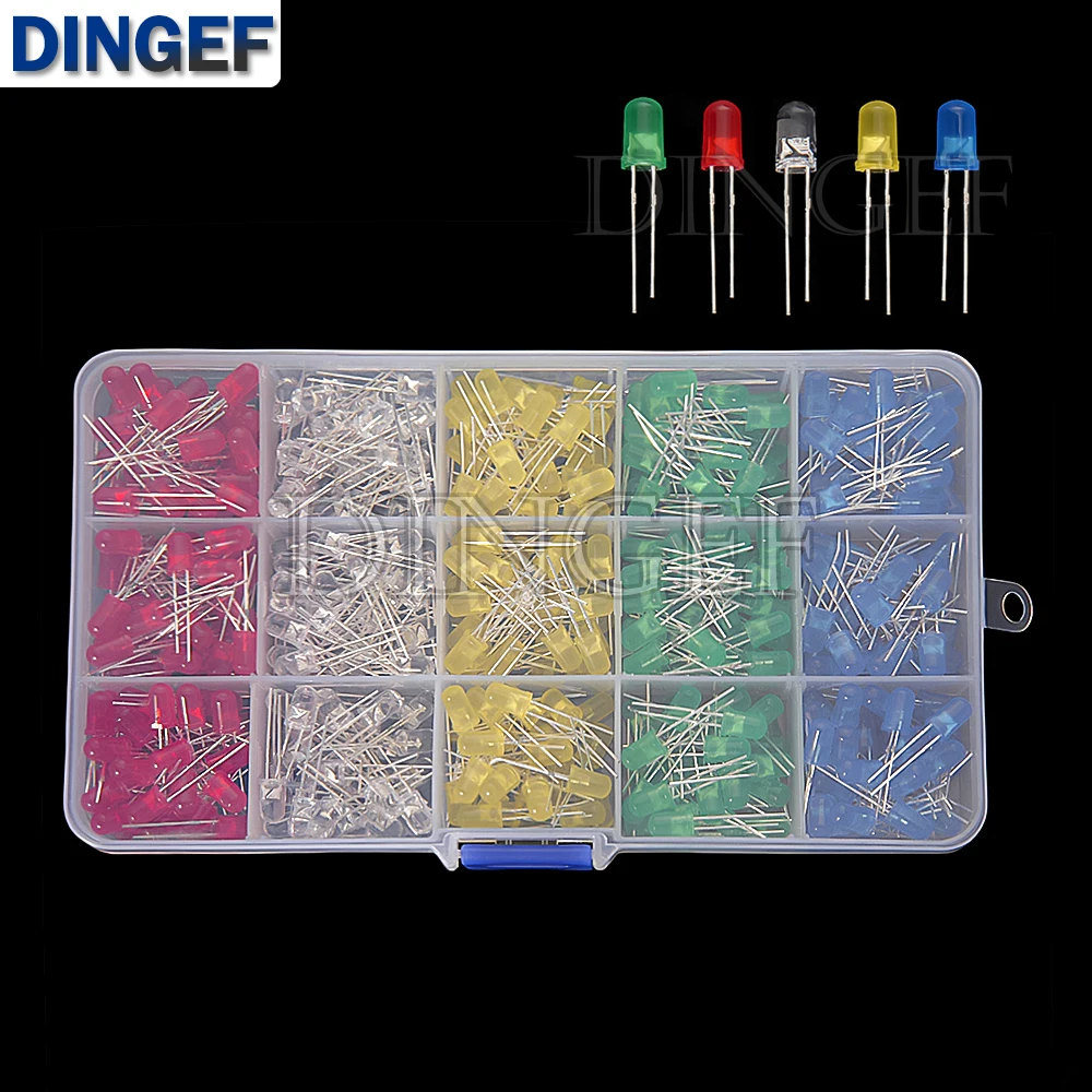 5 Farben 5 mm LED-Durchgangsloch-Dioden-Kit (Rot/Gelb/Blau/Grün/Weiß), jeweils 100 Stück, insgesamt 500 Stück im Karton Image