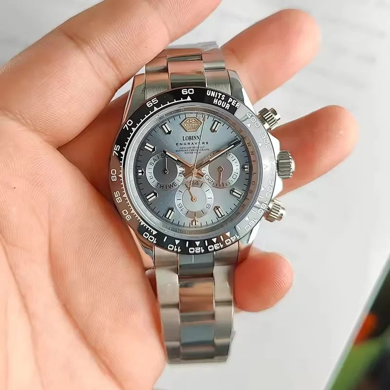 Lobinni Herren-Automatikuhr, 40 mm, Vintage-Mechanische Armbanduhr, 5 ATM wasserdicht, Saphir, leuchtende Keramiklünette, Wochendatum, JHB16 Image