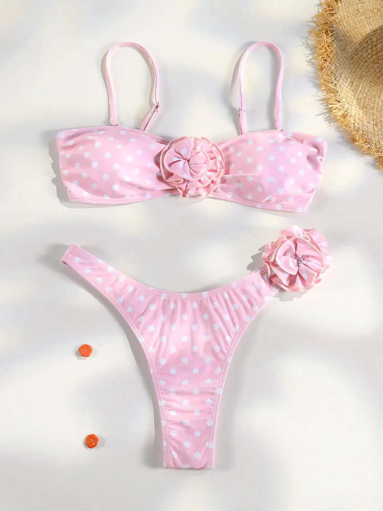 3D-Blumen-Bikini-Set, Bandeau-Badeanzug, schulterfrei, Bademode, niedrige Taille, Damen-Badeanzug, sexy Falten, 2025, Sommer-Bikini mit hohem Schnitt Image