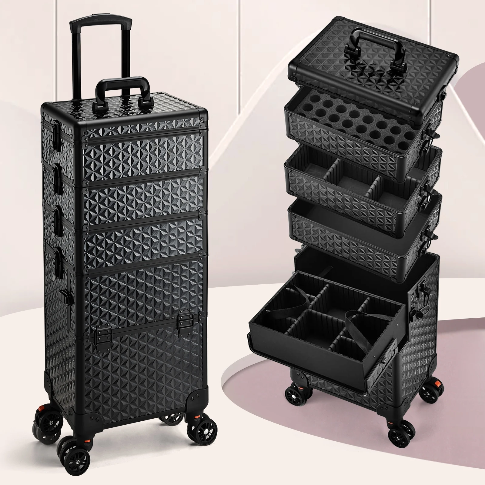 Custodia per trucco professionale su ruote, custodia per cosmetici extra large Custodia per trucco con rotelle Trolley Organizer per trucco con ruote
