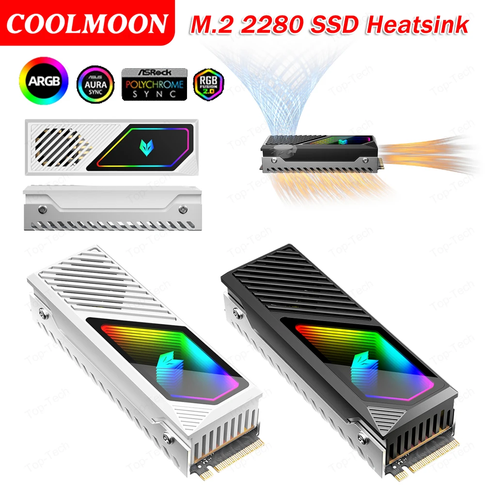 M.2 2280 SSD Dissipatore di calore SSD In lega di alluminio 5V 3 Pin ARGB Radiatore Ventola di raffreddamento incorporata Dissipatore di calore per disco rigido M.2 Radiatore di raffreddamento