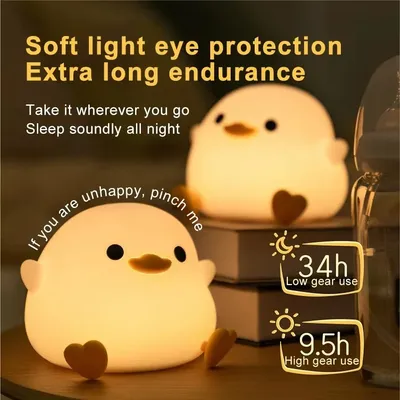 Cute Duck Night Light - LED Cartoon Animal Silicone Lamp for Kids - Touch Sensor, Timer & USB Rechargeable - Children's Room Dec