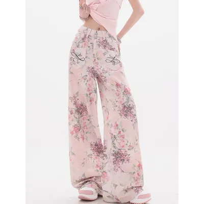 New Women Chinese Style Pink Embroidered Jeans Summer Casual Wide Leg Floor Length Pants with Printed Design