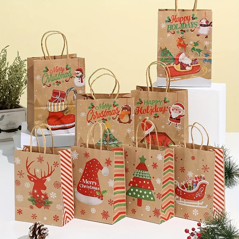 8-48 sacchetti regalo in carta kraft serie natalizia, confezioni regalo per caramelle per feste, sacchetti tote stampati per albero di Natale con pupazzo di neve alce cartone animato