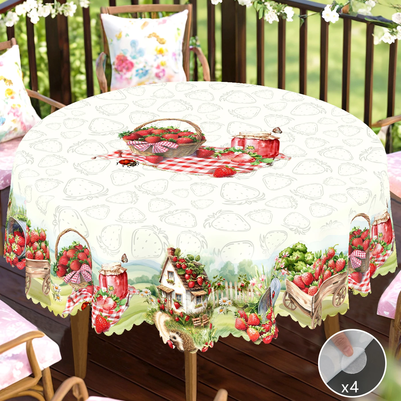 1-teilige runde und rechteckige Tischdecke mit Erdbeermotiv, erhältlich in verschiedenen Größen, rosa Erdbeermuster-Druckdesign, Retro-Bauernhaus, Frühling und Sommer, geeignet für die Küche zu Hause, Image