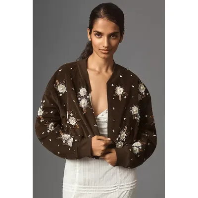 By Anthropologie Floral Embellished Cropped Jacket