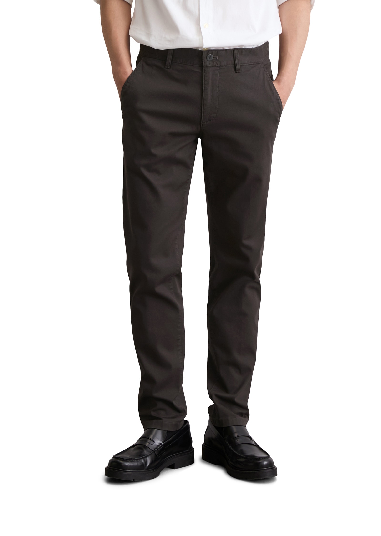 Chinohose MARC O'POLO "aus Bio-Baumwoll-Mix", Herren, Gr. 30, Länge 30, grau (broken graphite), Obermaterial: 98% Baumwolle, 2% Elasthan, unifarben, figurbetont normal, Hosen Chinohose