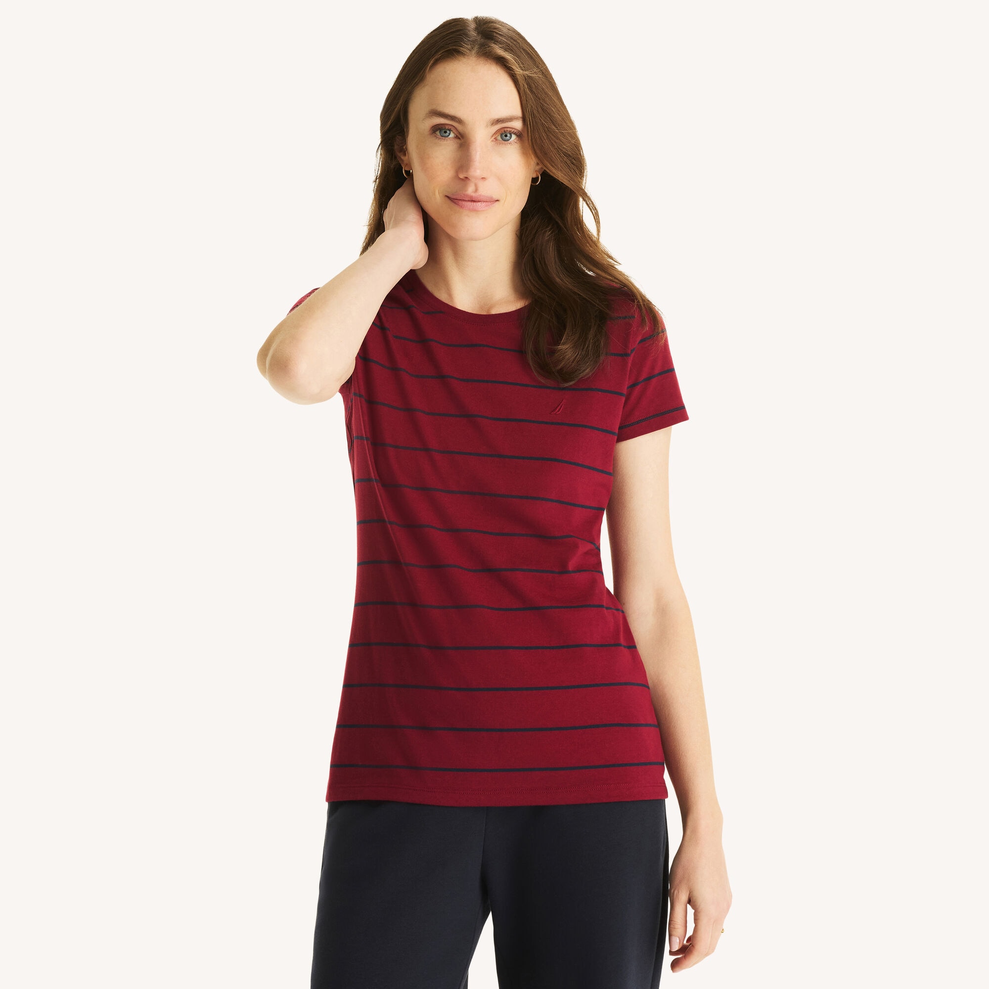 Nautica Women's Striped Crewneck T-Shirt 676 (Zinfandel), S