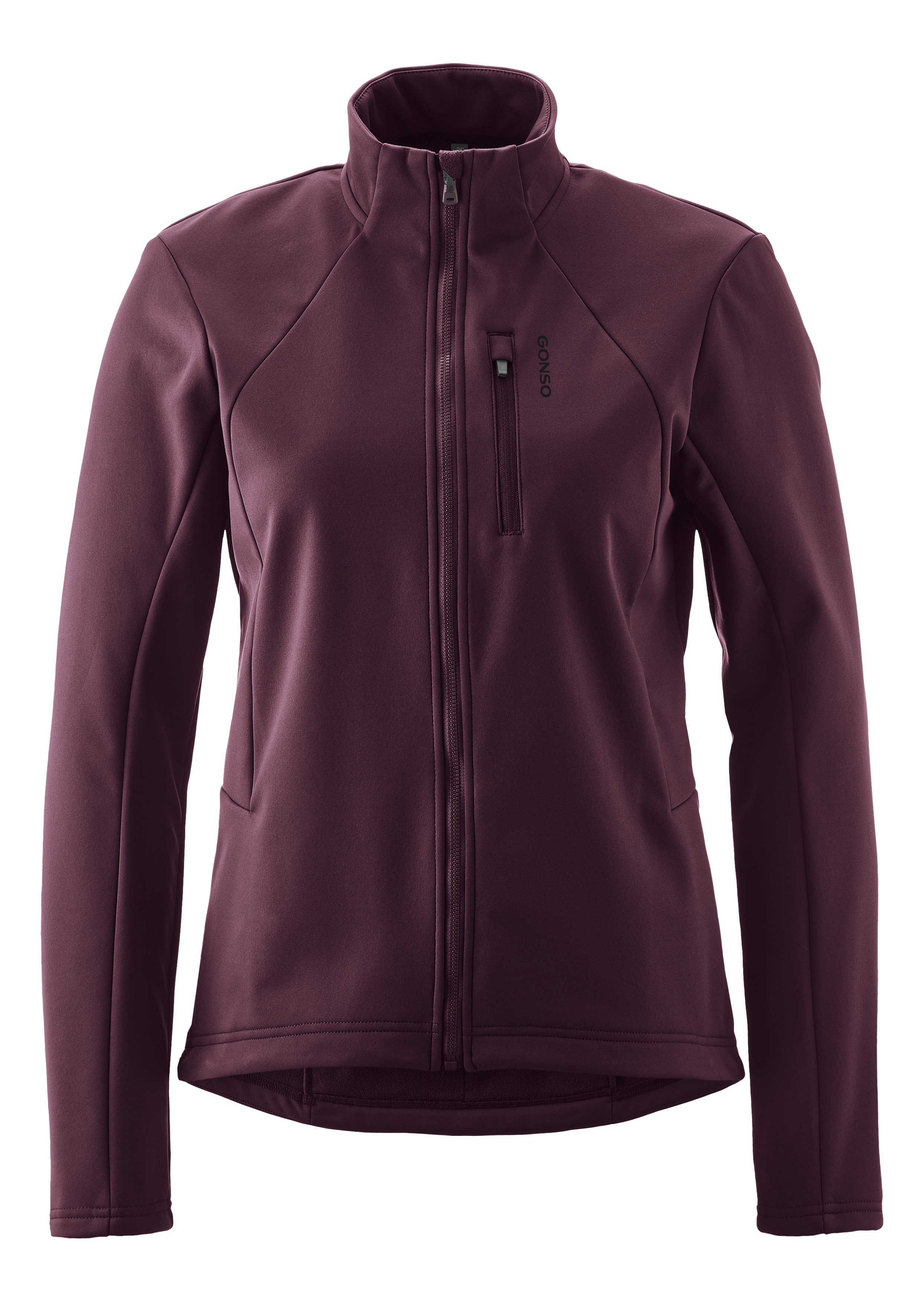 Fahrradjacke GONSO "ADVENTURE JACKET SOFTSHELL W", Damen, Gr. 36, dunkelrot, 100% Polyester, Rundhals, Jacken, Damen Radjacke, atmungsaktiv, Slim Fit Image
