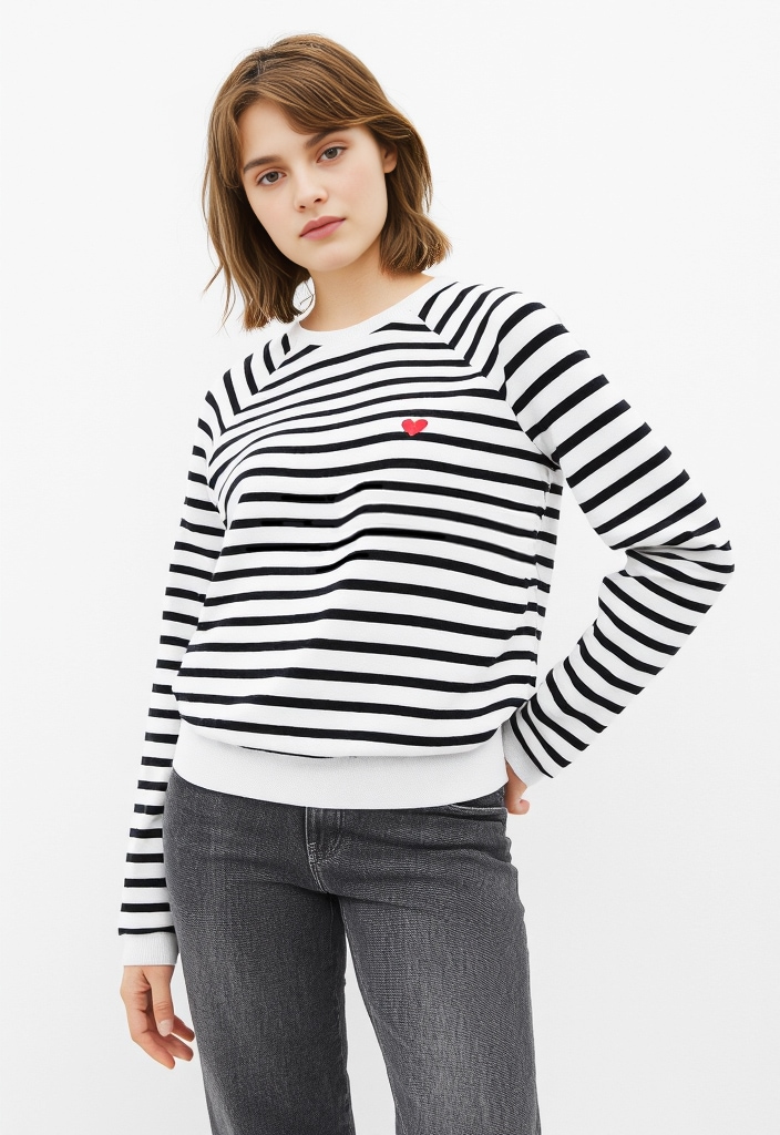 Sweatshirt PIECES "PCGRETA LS EMB UB SWEAT FC", Damen, Gr. XS, schwarz (cloud dancer stripes:schwarz, heart emb), Sweatware, Obermaterial: 78% Baumwolle, 22% Polyester, gestreift, regular fit normal, Rundhals, Rippbündchen, Sweatshirts Image