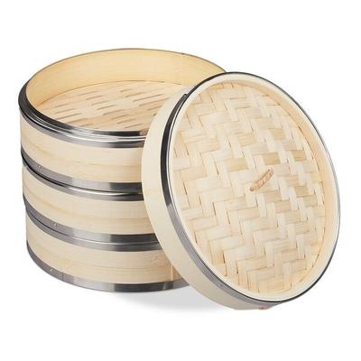 relaxdays Bambus Dampfgarer auf 3 Etagen mit Metallring 24 cm braun Image