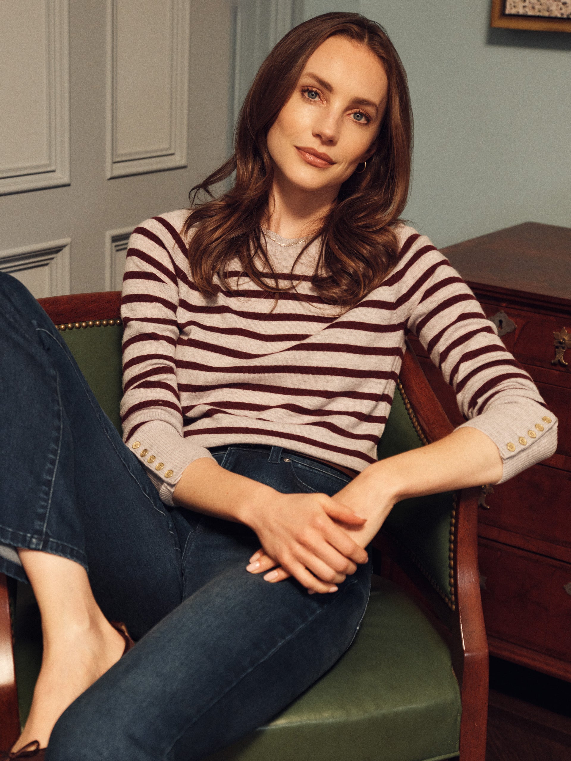 J.McLaughlin Women's Zosia Cashmere Sweater in Stripe Light Heather Gray/Burgundy, Size Large