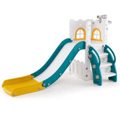 Costway 6-in-1 Toddle Slide L-shaped Playground with Basketball Hoop and Ladder-Yellow