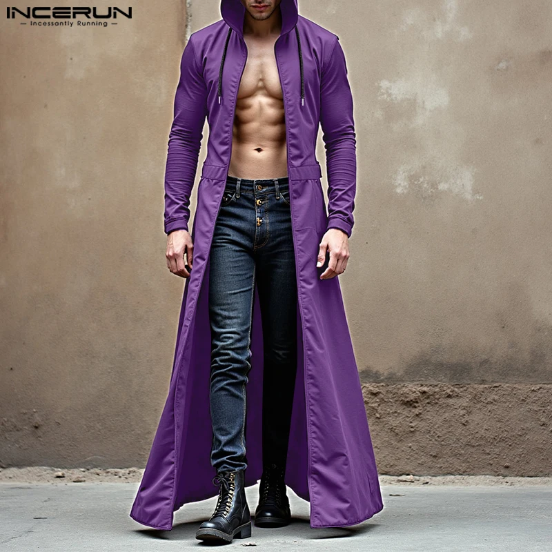 INCERUN Männer Lange Stil Graben Feste Kapuze Langarm Offenen Stich Männlichen Windjacke Streetwear 2025, Mode Lässig Lange Mäntel Image