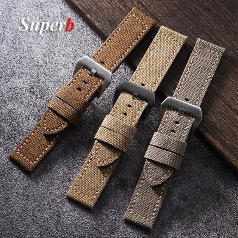 Canvas-Lederarmband für Panerai 20 22 24 mm, Schwarz, Braun, Denim, dickes Retro-Armband, Militärarmband, Herren- und Damenarmband Image