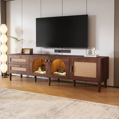 180cm Brown TV Cabinet For 80-inch TV, With 2 Rattan Drawers, 2 Curved Glass Door 1 Rattan Door, LED Lighting Stylish TV Board