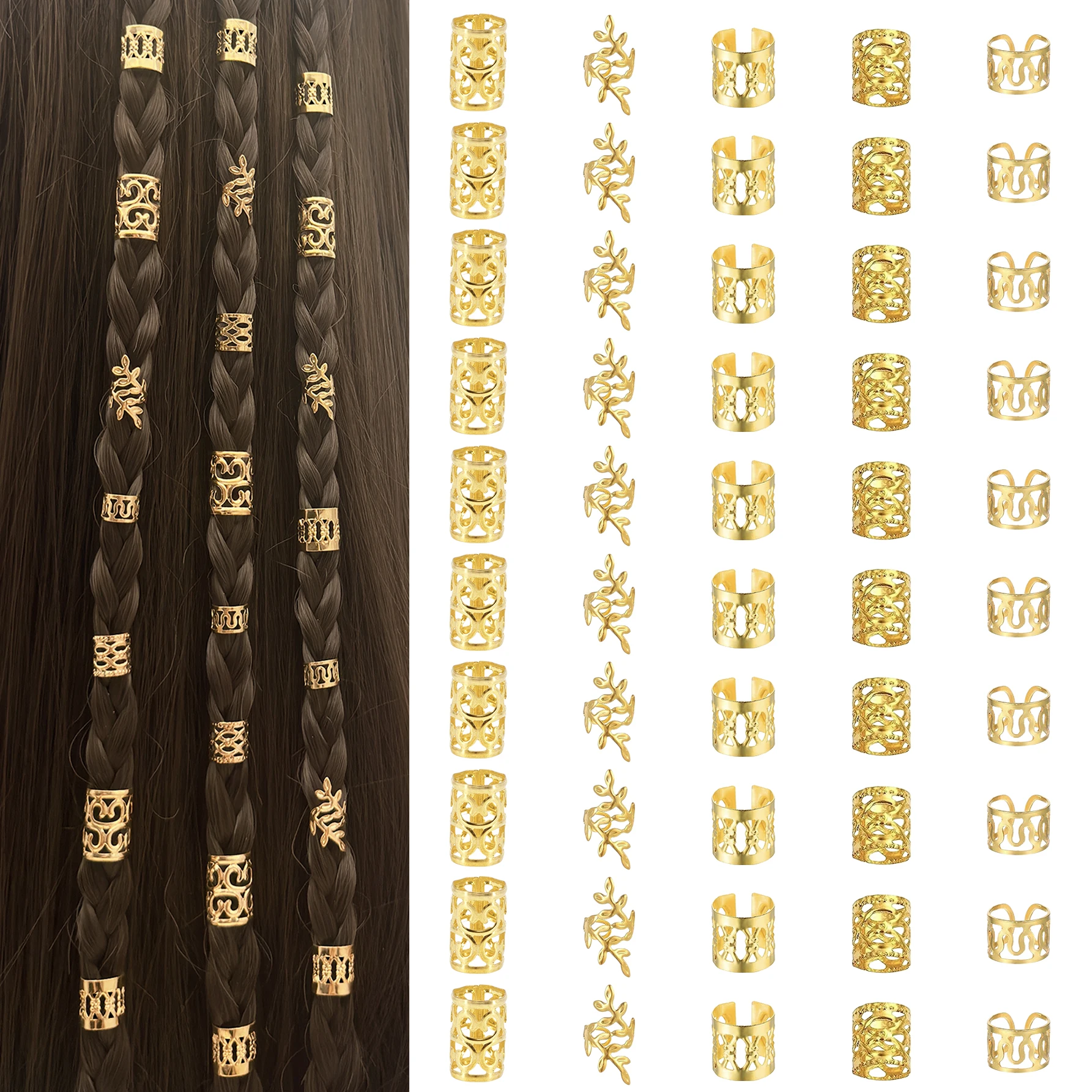 50 Stück goldene Dreadlock-Haarringe, einzigartige Hip-Hop-Straßenparty-Zöpfe, Haarschmuck, Clips für Haare, Halloween-Haardekoration